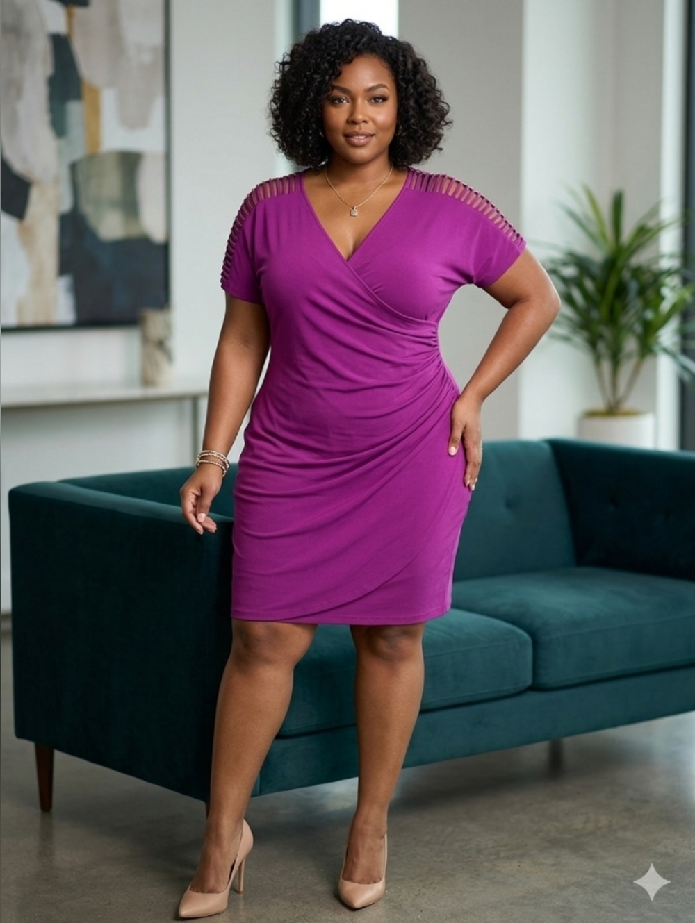Ashley Stewart Magenta Ruched Wrap Midi Dress